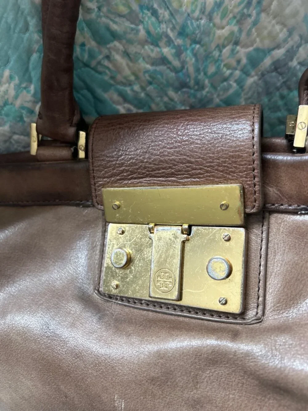 Tory Burch Large Brown Leather Double Handle Satchel Crossbody Bag